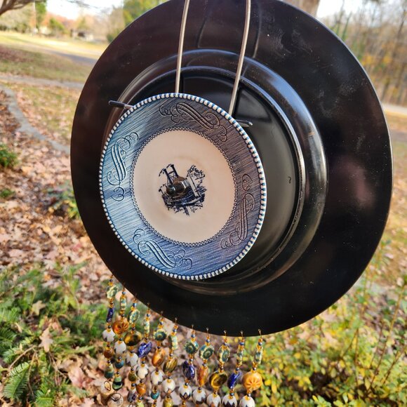 Blue Brown Plate Dish Flower Windchime SunCatcher Ceramic Beads Tin Bells - Picture 3 of 3